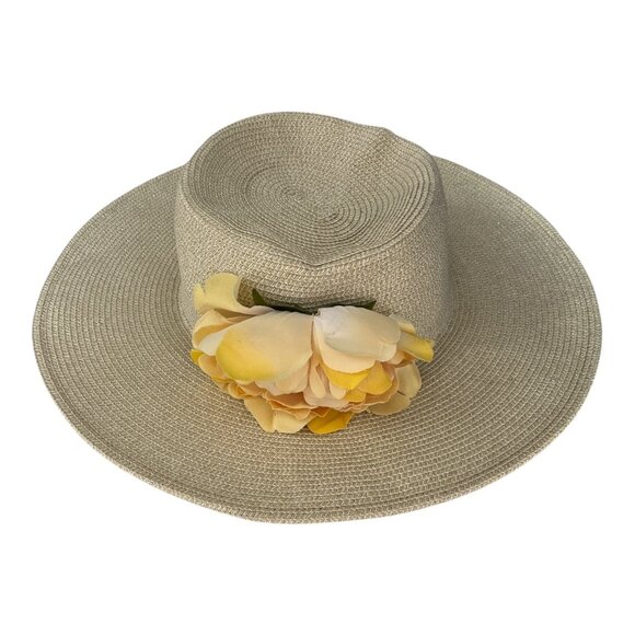 Cappelli Straworld Wide Brim Sun Hat with Yellow Flower Trim One Size Paper Brai - Picture 3 of 7